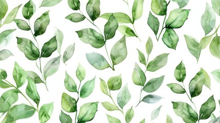 Wall Mural - A seamless floral pattern featuring delicate green leaves and branches painted in watercolor