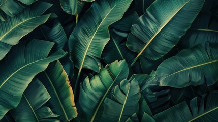 Wall Mural - A close-up of a tropical banana leaf showcasing its texture, the image features large palm foliage with a rich dark green color