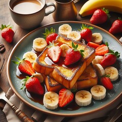 French toast with strawberries pineapple bananas and coffee. copy space
