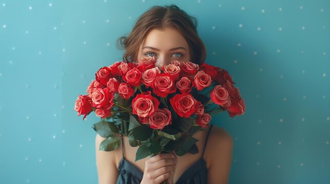 A cute girl in a black dress holding a large bouquet of red roses