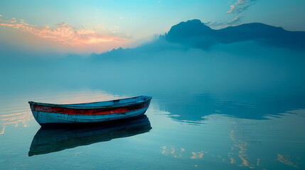 Wall Mural - Idyllic tranquility: A fishing boat floats on a calm lake