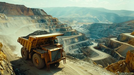 Hauling ore in a huge dump truck over the terraced paths of a deep open pit mine. The concept of developing a deposit of something. Large-scale mining operations. Illustration for varied design.