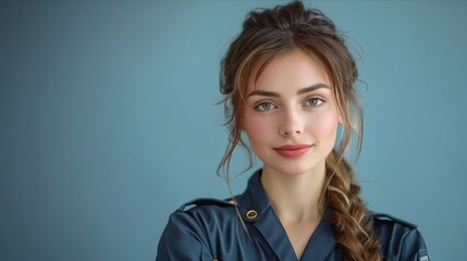 Wall Mural - A woman in a blue uniform with braided hair.