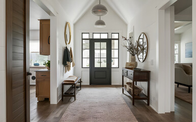  Farmhouse, country, boho interior design of modern home entryway, hall.