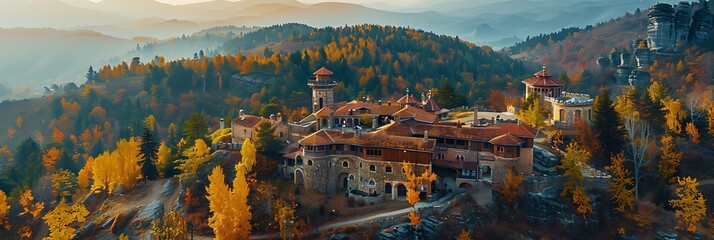 Wall Mural - Aerial Autumn view of Belintash - ancient sanctuary dedicated to the god Sabazios at Rhodope Mountains, Bulgaria realistic nature and landscape