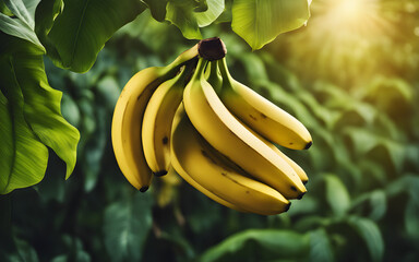 Bunch of bananas hanging from a tree, lush green background