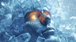 Abstract female face carved in ice and surrounded by ice cubes, giving it a surreal and fairy tale look. The eyes glow from within with a mysterious light. Illustration for cover, poster, brochure.