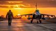 A man walks down the runway of a military airbase toward a fighter jet. Military prepares for combat flight. Army and air armed forces. Sunset. Illustration of varied design.