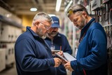 Fototapeta  - Two electricians in a factory setting are intensively studying something on a clipboard, likely related to an energy audit or enhancement project
