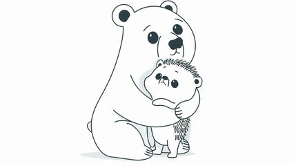 Sticker -   A monochrome illustration of a mother bear embracing her cub