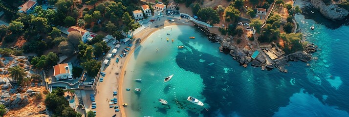 Wall Mural - Aerial drone photo from small port in island of Irakleia island and famous turquoise sandy beach of Agios Georgios with natural shade by almirikia trees, small Cyclades islands, Greece