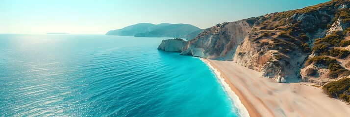 Wall Mural - Aerial drone photo of paradise beach of Myrtos with crystal clear turquoise sea surrounded by steep cliffs realistic nature and landscape