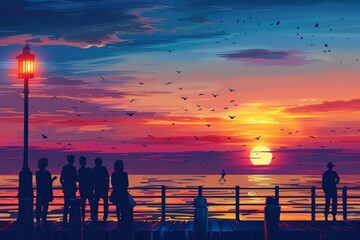 Wall Mural - silhouette of people watching breathtaking sunset at sea standing on pier romantic evening sky landscape illustration