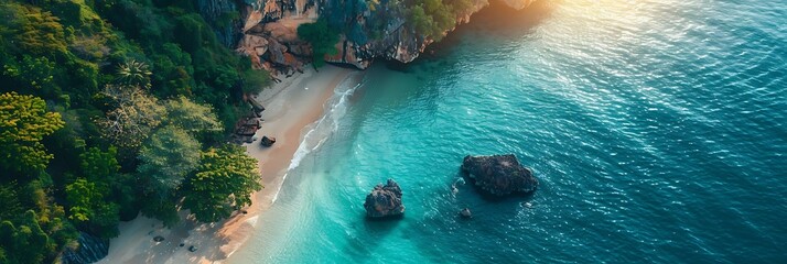 Wall Mural - Aerial drone view at the limestone cliffs of Railay Beach Krabi Thailand during sunset realistic nature and landscape