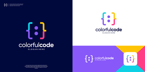 Sticker - Colorful coding logo with time symbol logo design.