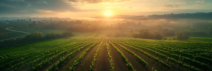 Wall Mural - Aerial drone view over vineyards, towards agricultural fields, during sunset realistic nature and landscape