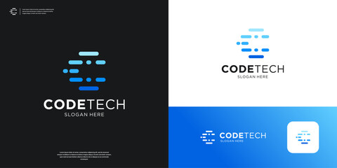 Sticker - Letter C tech logo icon app. Futuristic code programer logo design.