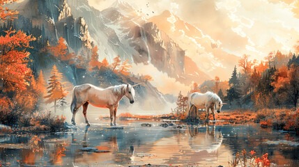 Wall Mural - Playful fantasy: watercolor unicorns in a fairytale landscape