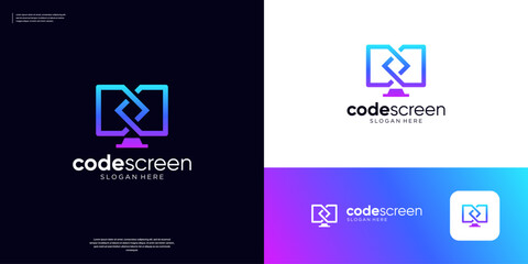 Infinity computer tech logo vector. Abstract monitor coding programer logo design.