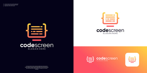 Monitor computer coding logo design template.