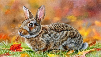 Wall Mural -   A painted rabbit amidst golden fall grass