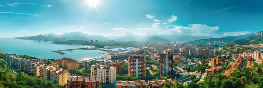 Aerial panoramic view of cityscape with residential buildings on sunny summer day in basque country realistic nature and landscape