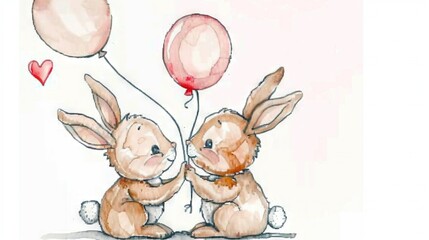 Poster -   Two rabbits sit on a white background with a heart-shaped balloon between them