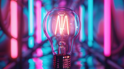 digital illustration Light bulb with futuristic neon light, abstract glowing background concept