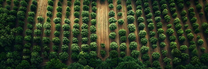 Poster - Aerial photography, top view of young green trees rows, Agricultural fields, cultivated land realistic nature and landscape