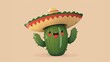 cartoon illustration of a cute Cactus character smiling cheerfully wearing a traditional sombrero hat.