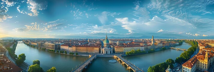 Wall Mural - Aerial top panoramic view of Turin city center skyline with Piazza Vittorio Veneto square, Po river and Mole Antonelliana building with high spire, blue sky white clouds background, Piedmont, Italy