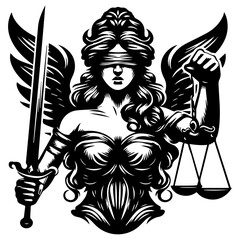 Wall Mural - Goddess of justice Themis, woman minimalist simple logo style thick line solid stroke, vector black on white background