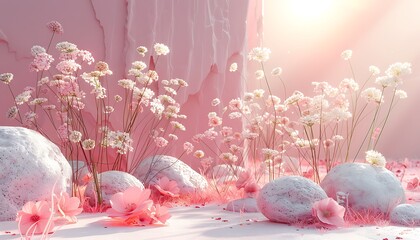 Sticker - 3d render of pink and white flowers in the snow background.