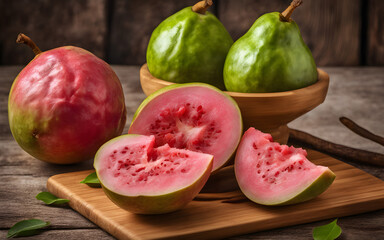 Guava fruit whole and sliced on a bamboo cutting board, fresh and ripe