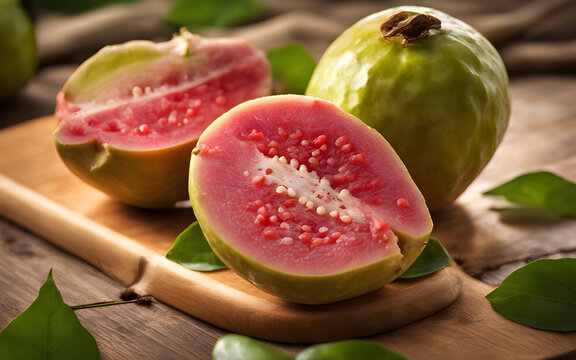 Guava fruit whole and sliced on a bamboo cutting board, fresh and ripe