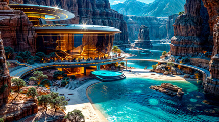 futuristic building with pool in the middle of mountain area with waterfall in the background.