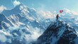 a climber reaches the top of a mountain by waving a flag. Ai generated