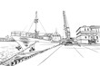 Container ships in trade port. Hand drawn vector illustration