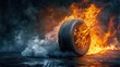 Dramatic car tires engulfed in flames burning rubber on a dark background