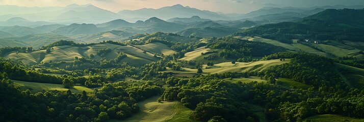 Wall Mural - Aerial view of a beautiful mountain landscape, with hills full of green trees and a small valley, Autumn season in Italy realistic nature and landscape