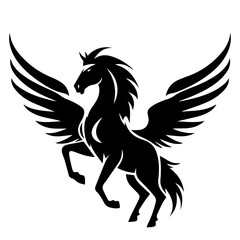 Sticker - pegasus logo design cartoon, horse with wings black and white vector hand-drawn illustration in a bold graphic style, simple shape silhouette