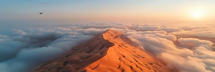 Wall Mural - Aerial view of a drone flying over massive sand dunes covered by thick fog clouds at sunrise, Liwa desert, Abu Dhabi, United Arab Emirates realistic nature and landscape