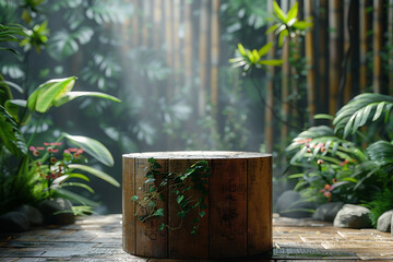 An eco-friendly, reclaimed wood podium with a natural, bamboo tube, offering a sustainable and organic backdrop for an environmentally conscious advertisement.