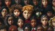 Diverse group of stylized children dolls with various hairstyles and expressions