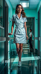 Wall Mural - Woman with stethoscope walking down hallway with man in the background.