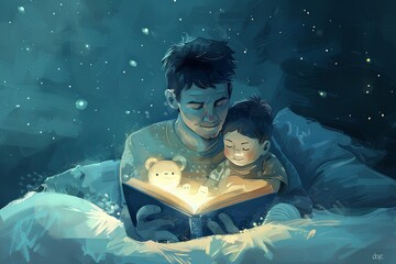 A man and a child are reading a book together while sitting in bed. Both are focused on the story, illustrating a heartwarming scene of bonding and learning. Generative AI
