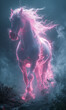 The neon horse is pink in color. A hologram of a horse. A scene with a horse on a dark background