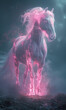 The neon horse is pink in color. A hologram of a horse. A scene with a horse on a dark background
