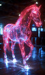 The neon horse is pink in color. A hologram of a horse. A horse made of polygons, a 3D model of a horse. A scene with a horse on a dark background