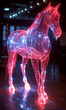 The neon horse is pink in color. A hologram of a horse. A horse made of polygons, a 3D model of a horse. A scene with a horse on a dark background